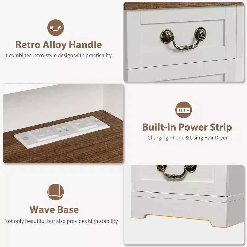 10-Drawer Vanity Desk with Mirror, Walnut Finish with 10 Shelves and Stool, for Bedroom, Easy Assembly
