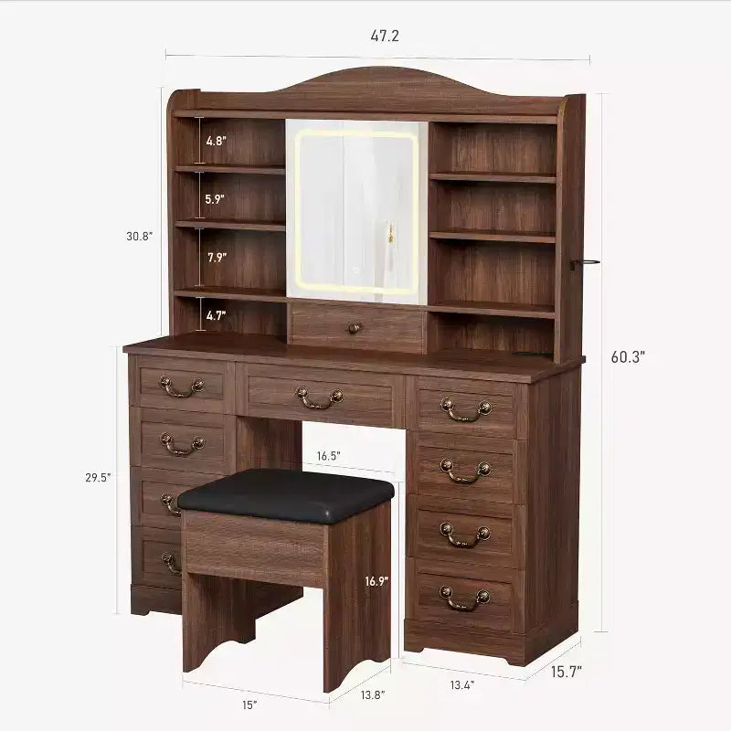 10-Drawer Vanity Desk with Mirror, Walnut Finish with 10 Shelves and Stool, for Bedroom, Easy Assembly