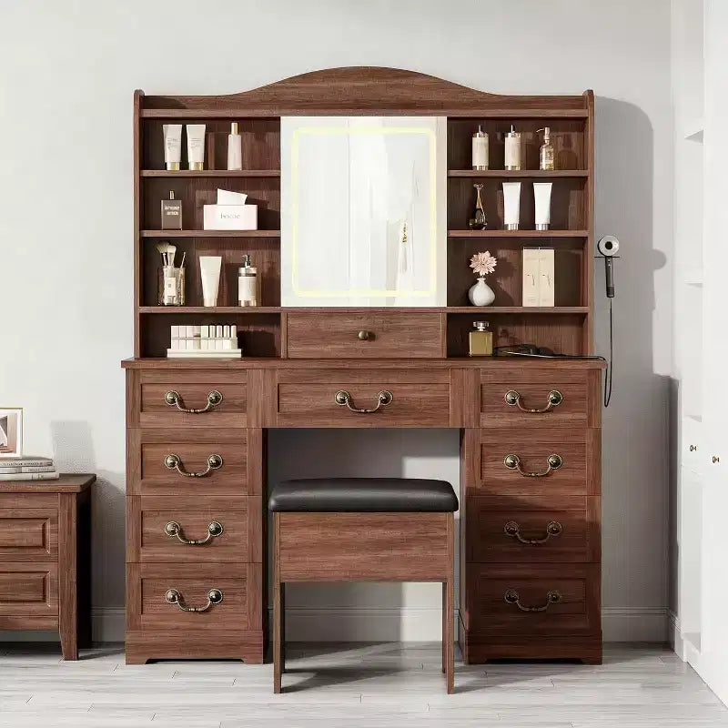 10-Drawer Vanity Desk with Mirror, Walnut Finish with 10 Shelves and Stool, for Bedroom, Easy Assembly