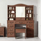 10-Drawer Vanity Desk with Mirror, Walnut Finish with 10 Shelves and Stool, for Bedroom, Easy Assembly