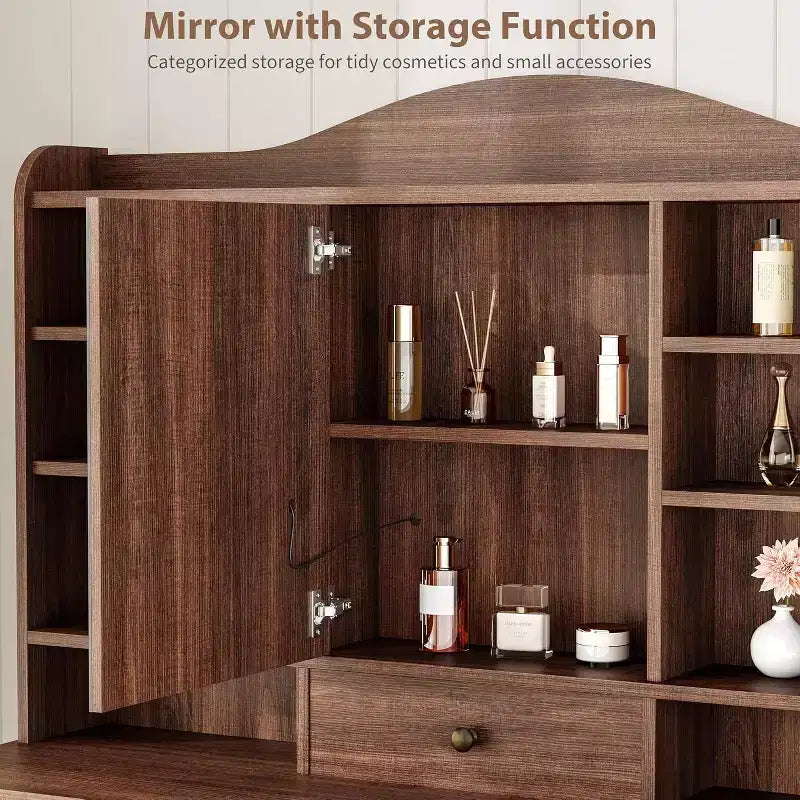 10-Drawer Vanity Desk with Mirror, Walnut Finish with 10 Shelves and Stool, for Bedroom, Easy Assembly