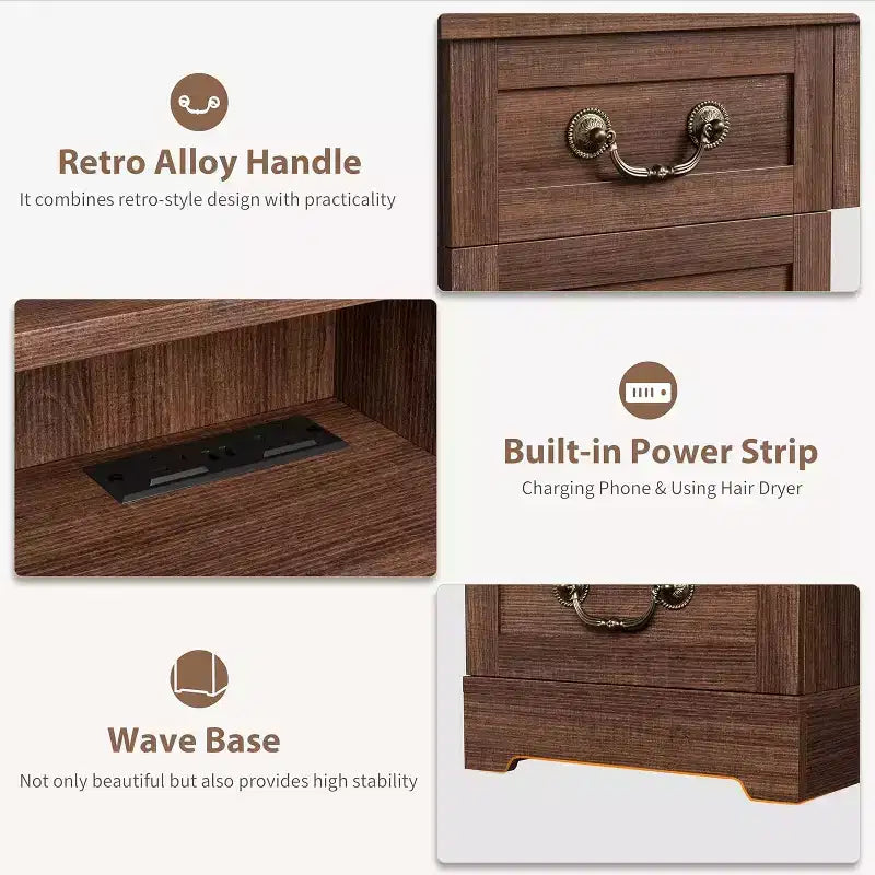 10-Drawer Vanity Desk with Mirror, Walnut Finish with 10 Shelves and Stool, for Bedroom, Easy Assembly