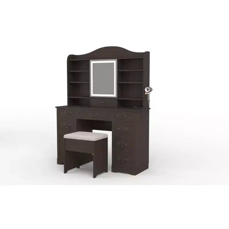 10-Drawer Vanity Desk with Mirror, Walnut Finish with 10 Shelves and Stool, for Bedroom, Easy Assembly
