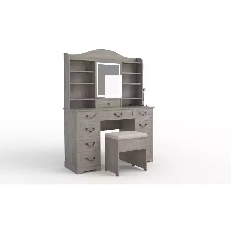 10-Drawer Vanity Desk with Mirror, Walnut Finish with 10 Shelves and Stool, for Bedroom, Easy Assembly