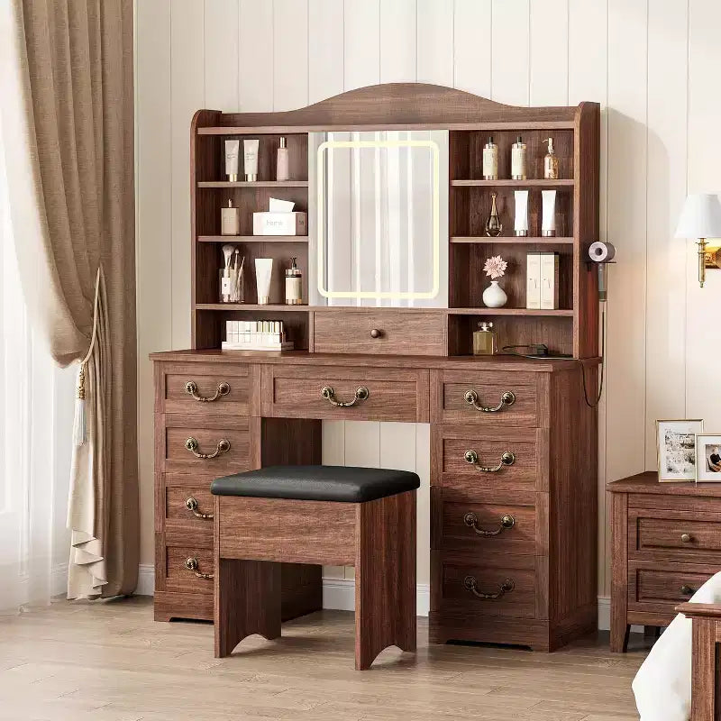 10-Drawer Vanity Desk with Mirror, Walnut Finish with 10 Shelves and Stool, for Bedroom, Easy Assembly