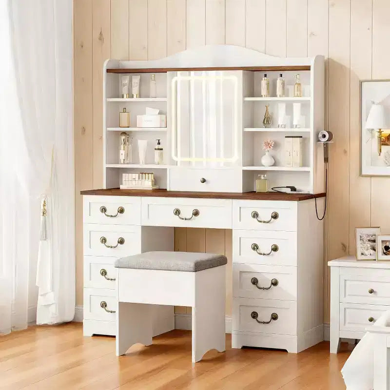 10-Drawer Vanity Desk with Mirror, Walnut Finish with 10 Shelves and Stool, for Bedroom, Easy Assembly