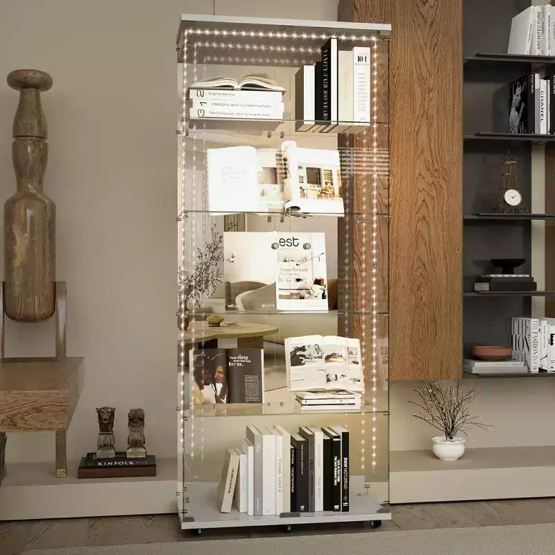 Tempered Glass Display Cabinet/Wine Cabinet/Storage Cabinet/File Cabinet with LED Light Strip Mirror and Lock Swivel Casters 4 Shelf 2 Doors