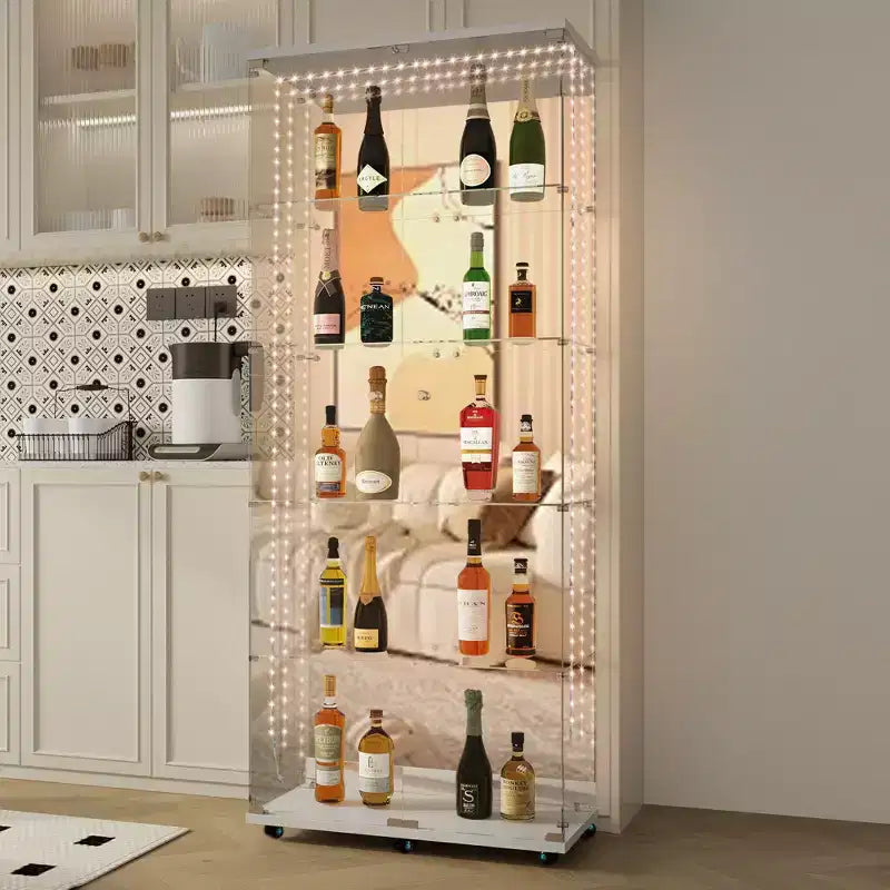 Tempered Glass Display Cabinet/Wine Cabinet/Storage Cabinet/File Cabinet with LED Light Strip Mirror and Lock Swivel Casters 4 Shelf 2 Doors