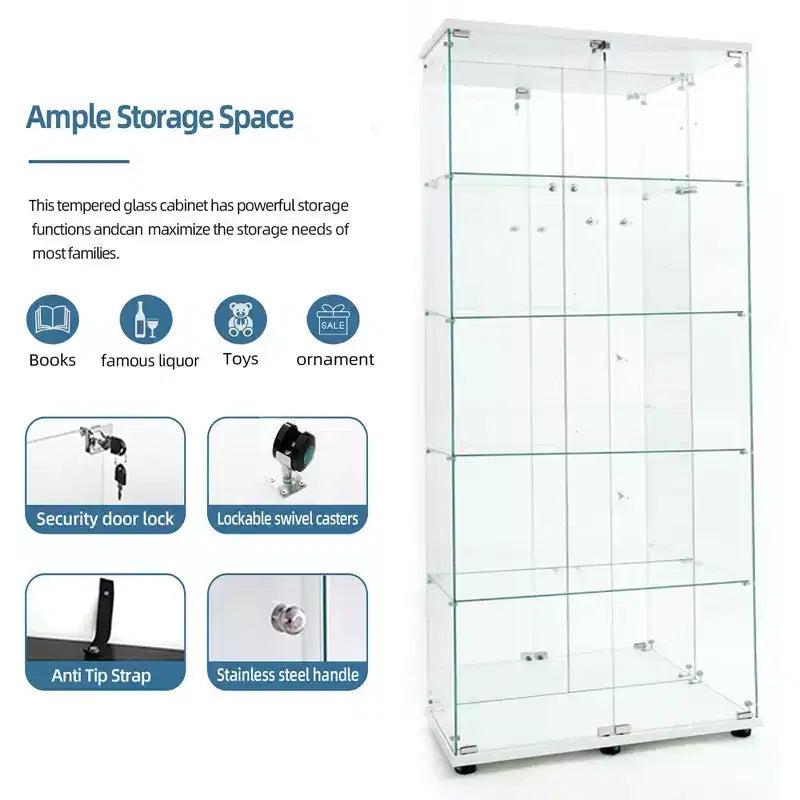 Tempered Glass Display Cabinet/Wine Cabinet/Storage Cabinet/File Cabinet with LED Light Strip Mirror and Lock Swivel Casters 4 Shelf 2 Doors