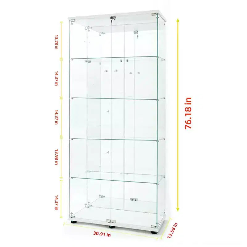 Tempered Glass Display Cabinet/Wine Cabinet/Storage Cabinet/File Cabinet with LED Light Strip Mirror and Lock Swivel Casters 4 Shelf 2 Doors