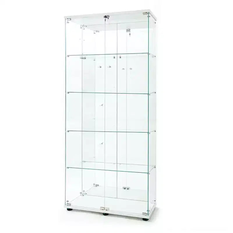 Tempered Glass Display Cabinet/Wine Cabinet/Storage Cabinet/File Cabinet with LED Light Strip Mirror and Lock Swivel Casters 4 Shelf 2 Doors
