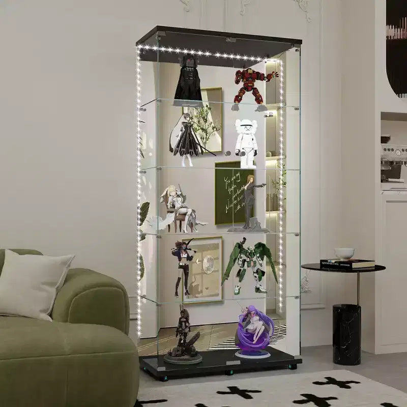 Tempered Glass Display Cabinet/Wine Cabinet/Storage Cabinet/File Cabinet with LED Light Strip Mirror and Lock Swivel Casters 4 Shelf 2 Doors