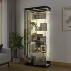 Tempered Glass Display Cabinet/Wine Cabinet/Storage Cabinet/File Cabinet with LED Light Strip Mirror and Lock Swivel Casters 4 Shelf 2 Doors
