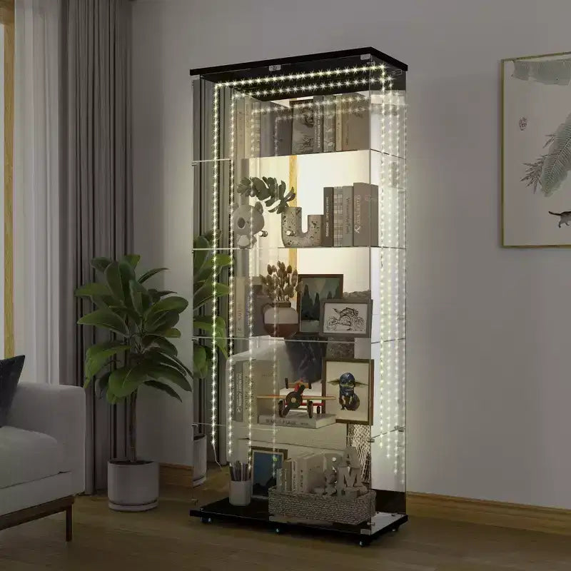 Tempered Glass Display Cabinet/Wine Cabinet/Storage Cabinet/File Cabinet with LED Light Strip Mirror and Lock Swivel Casters 4 Shelf 2 Doors