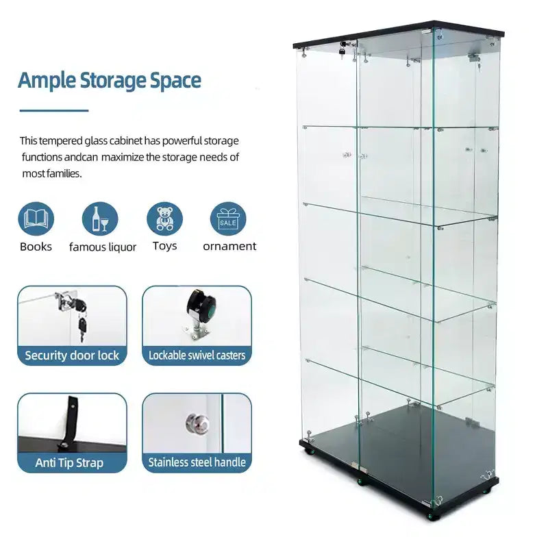 Tempered Glass Display Cabinet/Wine Cabinet/Storage Cabinet/File Cabinet with LED Light Strip Mirror and Lock Swivel Casters 4 Shelf 2 Doors