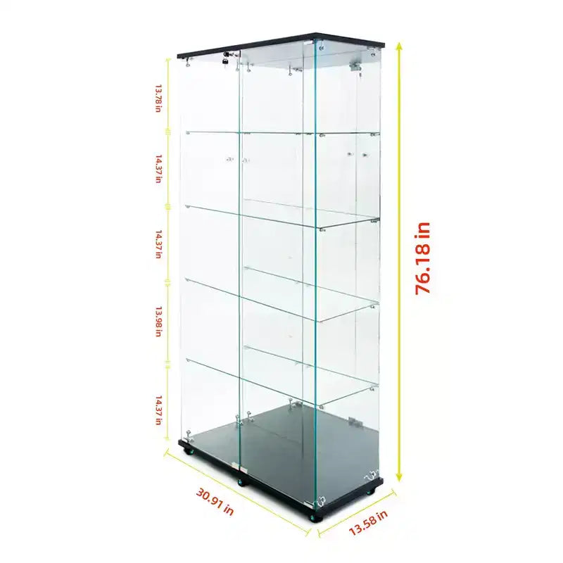 Tempered Glass Display Cabinet/Wine Cabinet/Storage Cabinet/File Cabinet with LED Light Strip Mirror and Lock Swivel Casters 4 Shelf 2 Doors