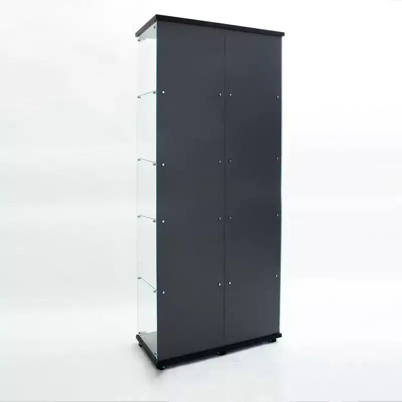 Tempered Glass Display Cabinet/Wine Cabinet/Storage Cabinet/File Cabinet with LED Light Strip Mirror and Lock Swivel Casters 4 Shelf 2 Doors