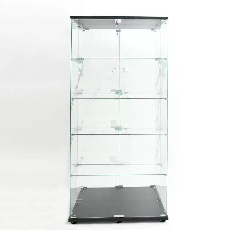 Tempered Glass Display Cabinet/Wine Cabinet/Storage Cabinet/File Cabinet with LED Light Strip Mirror and Lock Swivel Casters 4 Shelf 2 Doors