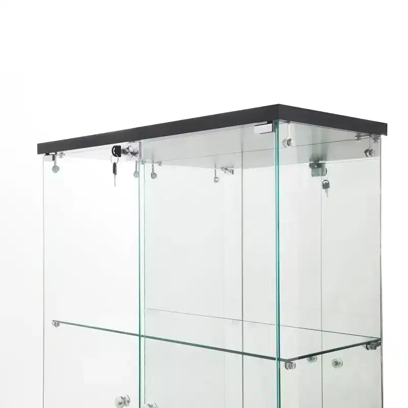 Tempered Glass Display Cabinet/Wine Cabinet/Storage Cabinet/File Cabinet with LED Light Strip Mirror and Lock Swivel Casters 4 Shelf 2 Doors