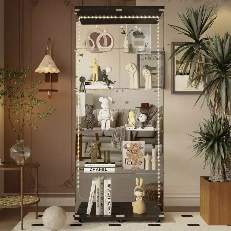Tempered Glass Display Cabinet/Wine Cabinet/Storage Cabinet/File Cabinet with LED Light Strip Mirror and Lock Swivel Casters 4 Shelf 2 Doors