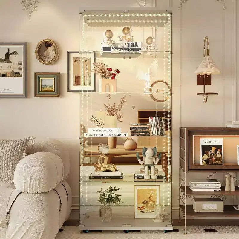 Tempered Glass Display Cabinet/Wine Cabinet/Storage Cabinet/File Cabinet with LED Light Strip Mirror and Lock Swivel Casters 4 Shelf 2 Doors