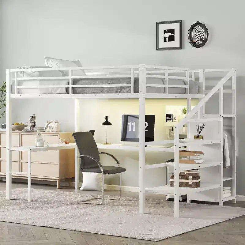 Bellemave Metal Loft Bed with L-Shaped Desk, Wardrobe & Adjustable Storage, USB & LED Lights, High Loft Bed for Kids, Teens & Adults, White