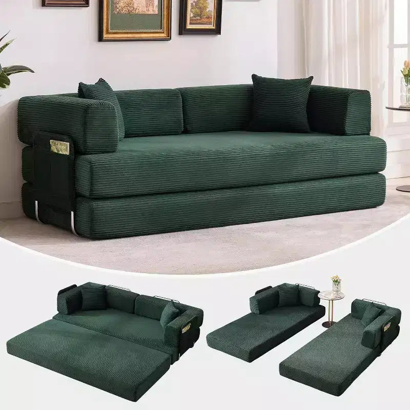 Corduroy floor sofa bed with pillows, convertible armrests and backrest, suitable for living rooms, bedrooms, and apartments.