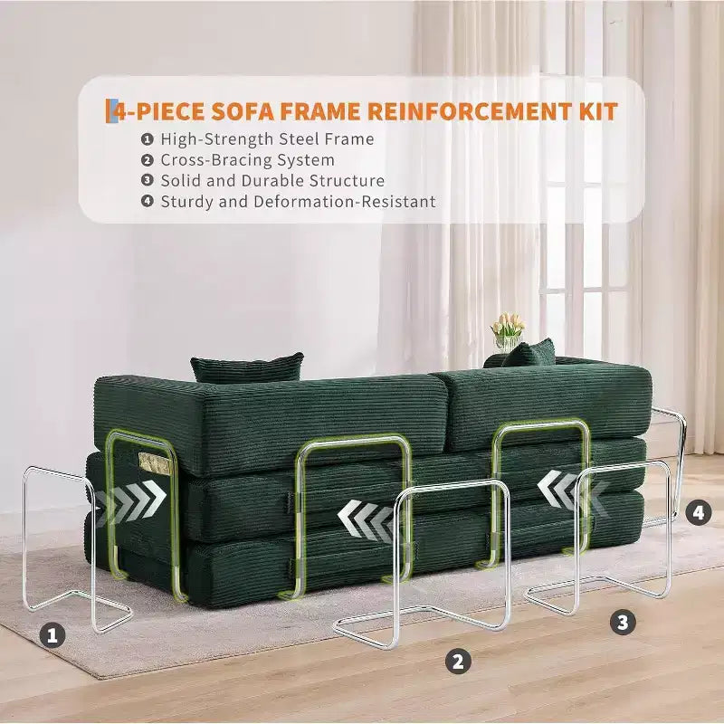 Corduroy floor sofa bed with pillows, convertible armrests and backrest, suitable for living rooms, bedrooms, and apartments.