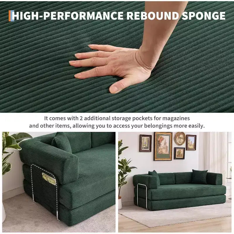 Corduroy floor sofa bed with pillows, convertible armrests and backrest, suitable for living rooms, bedrooms, and apartments.