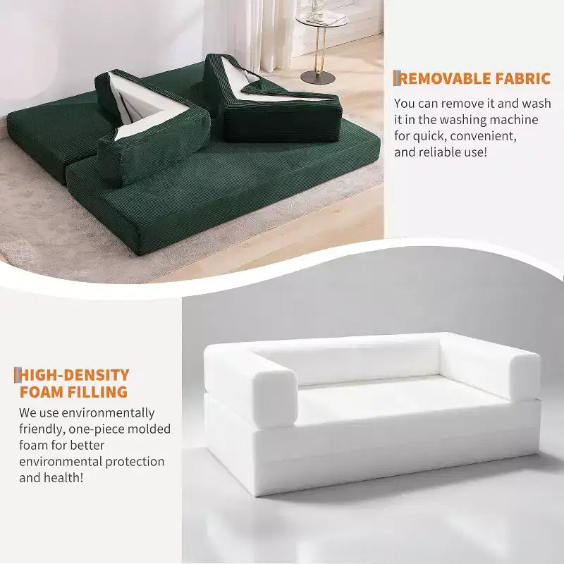 Corduroy floor sofa bed with pillows, convertible armrests and backrest, suitable for living rooms, bedrooms, and apartments.