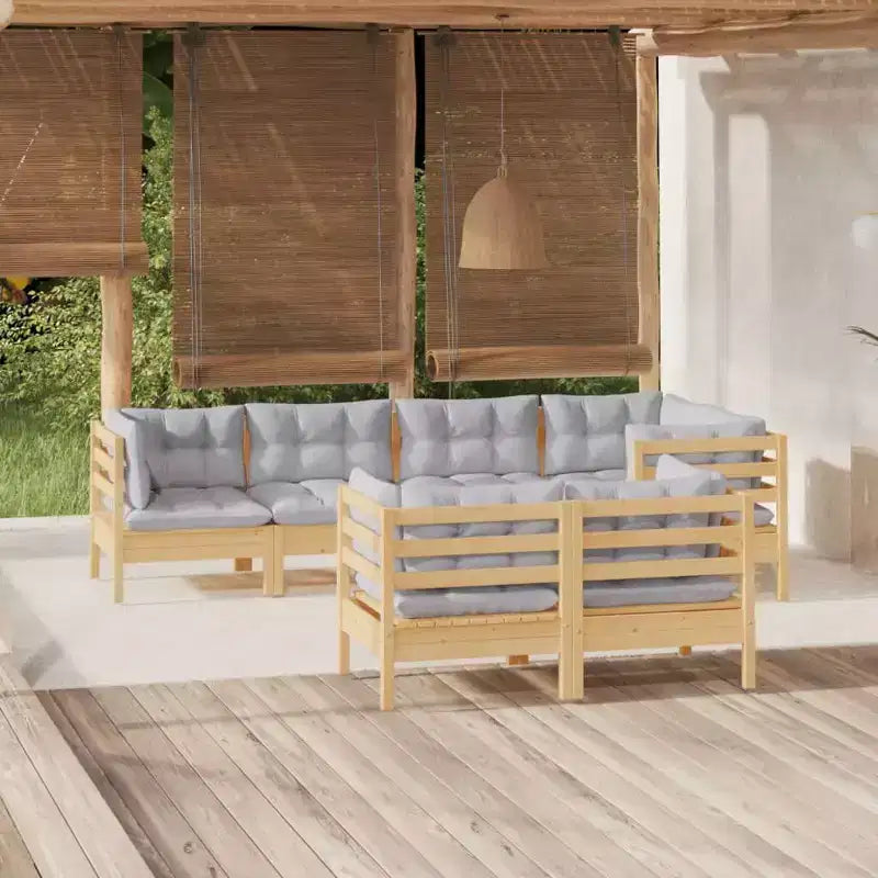 vidaXL 7-teiliges Loungeset für die Terrasse mit grauen Auflagen, massives Kiefernholz – grau
