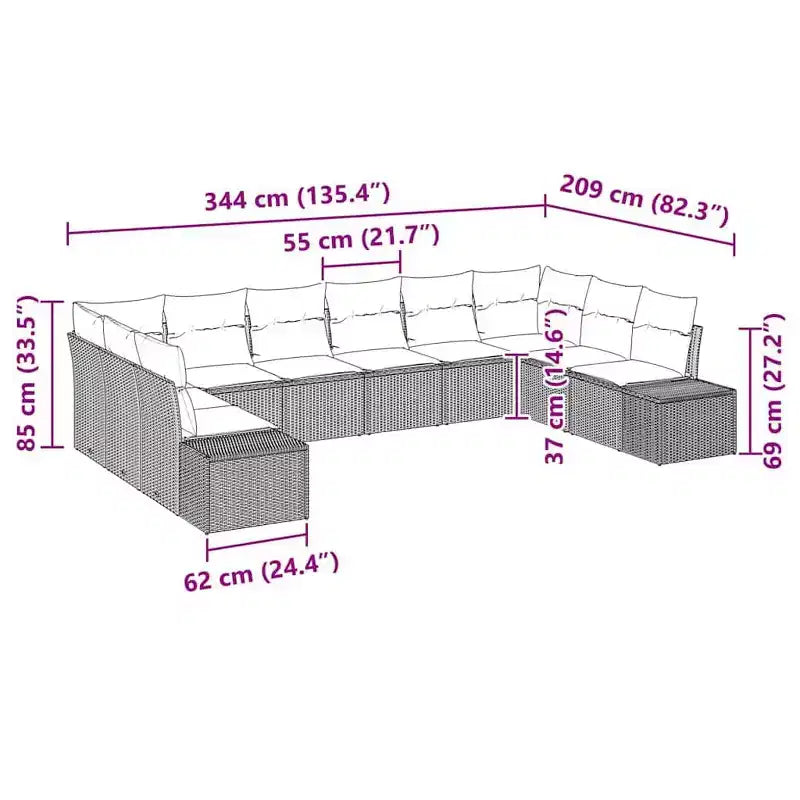 Set di divani da giardino vidaXL, 10 pezzi, nero e turchese, polirattan