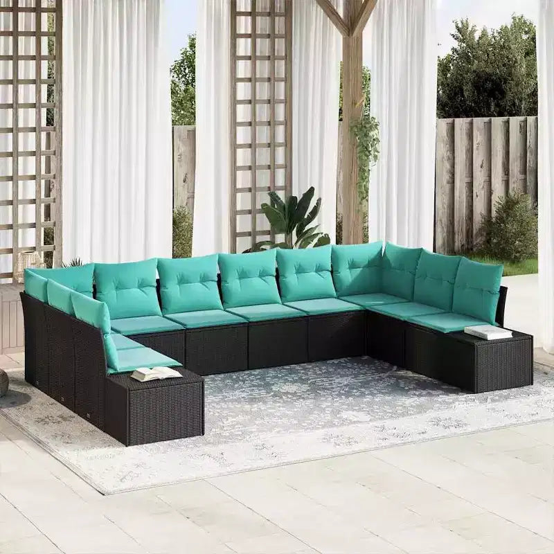 Set di divani da giardino vidaXL, 10 pezzi, nero e turchese, polirattan