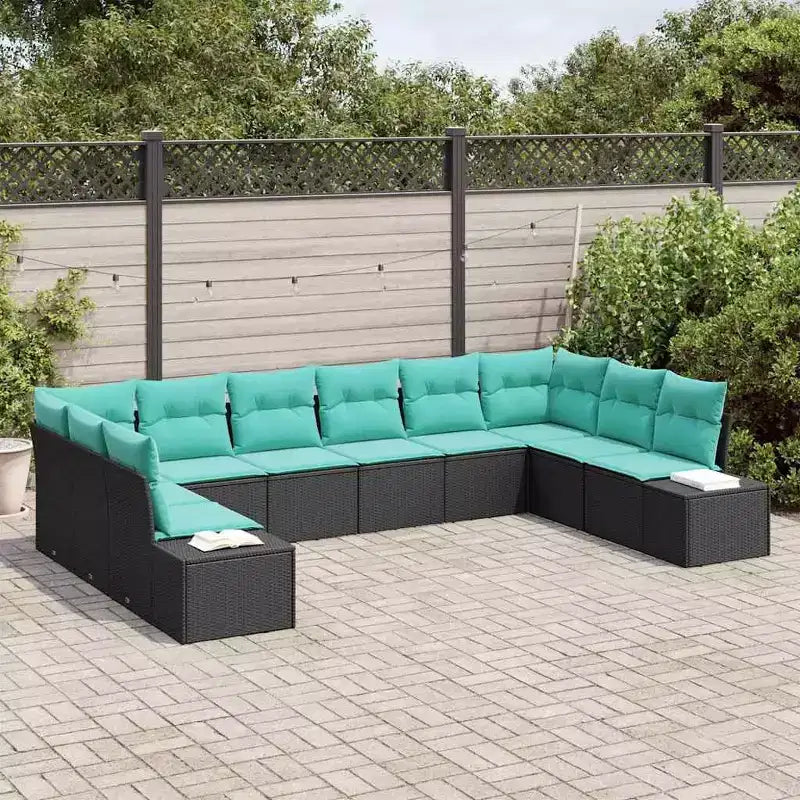 Set di divani da giardino vidaXL, 10 pezzi, nero e turchese, polirattan