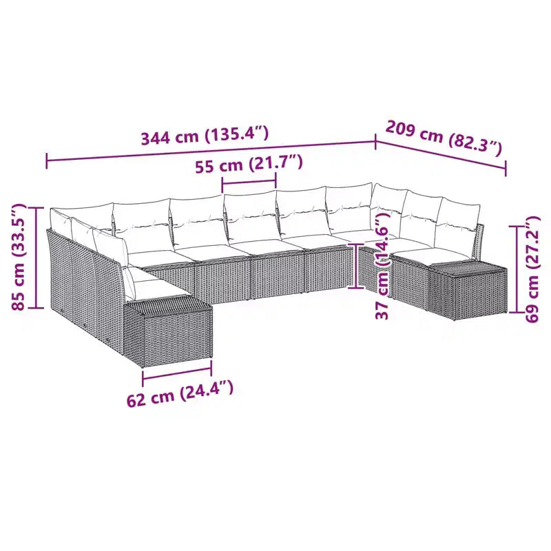 Set di divani da giardino vidaXL, 10 pezzi, nero e turchese, polirattan
