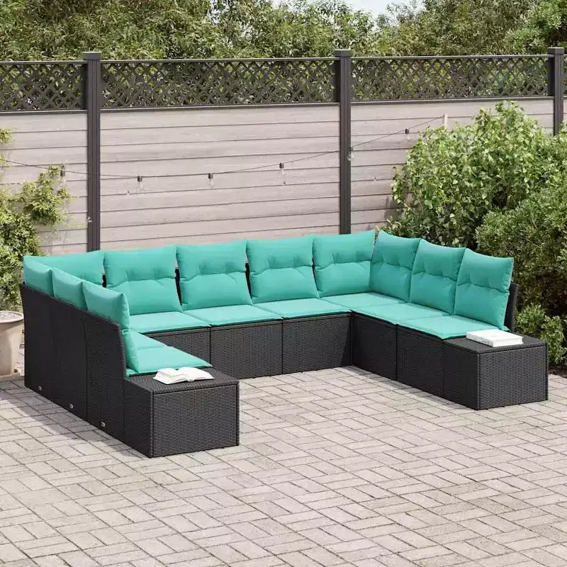 vidaXL 9-teiliges Gartensofagarnitur, Schwarz und Türkis, aus Poly-Rattan