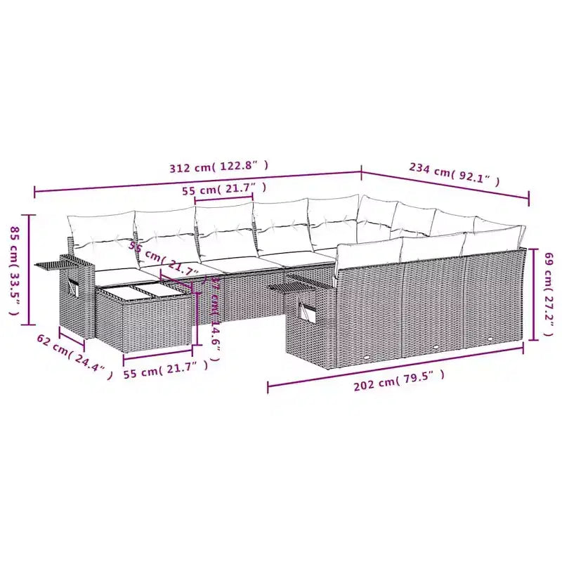 vidaXL Set da divani da giardino da 11 pezzi con cuscini, polyrattan grigio