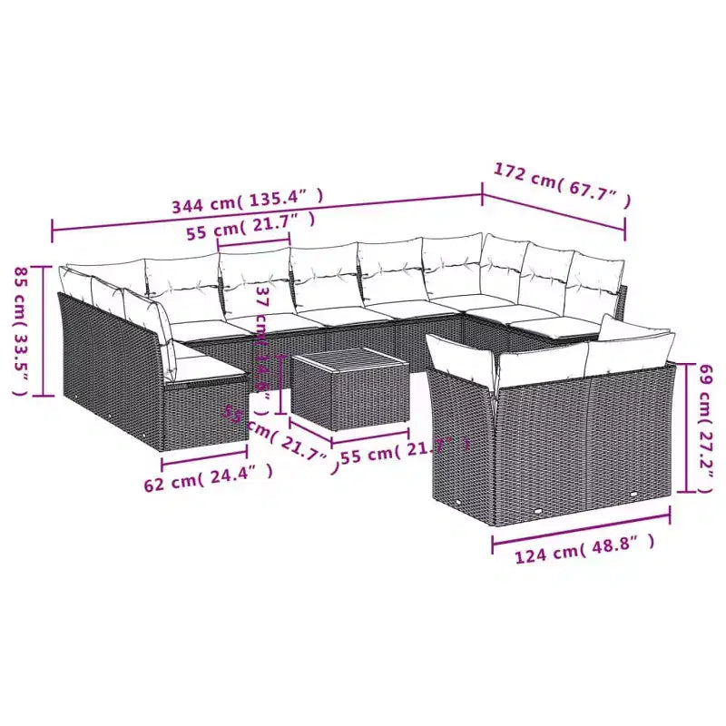 Ensemble de canapés de terrasse vidaXL avec coussins, mobilier d’extérieur 13 pièces en polyrotin