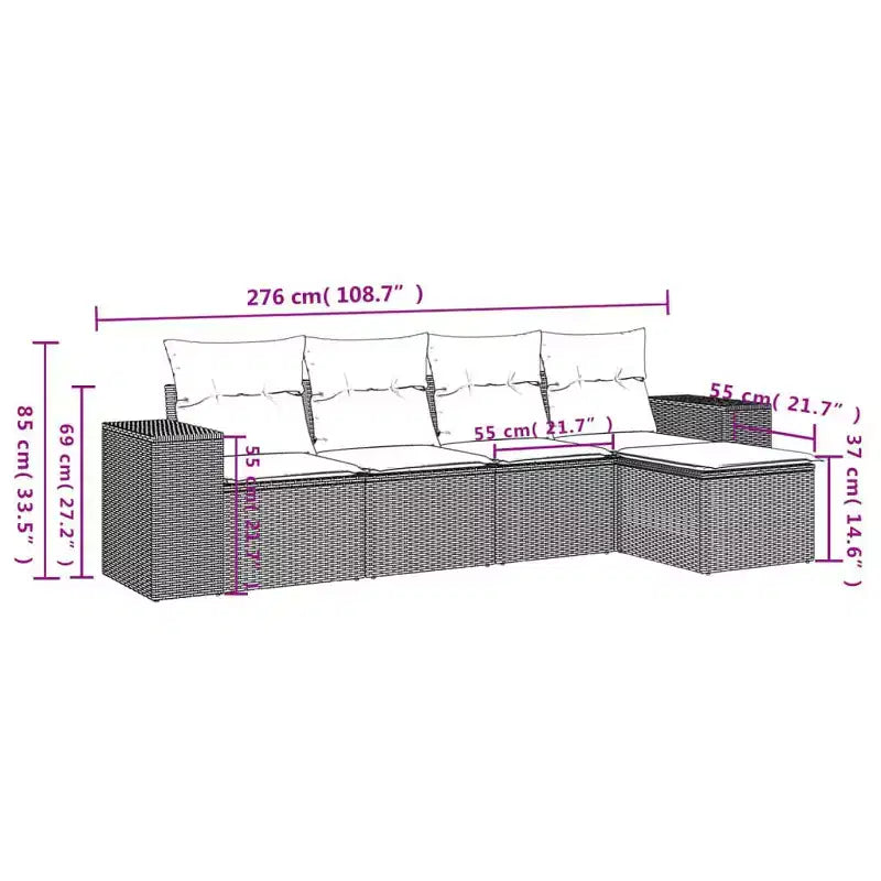 Set di divani da giardino vidaXL da 5 pezzi con cuscini, polirattan grigio, senza tavolo, grigio e blu
