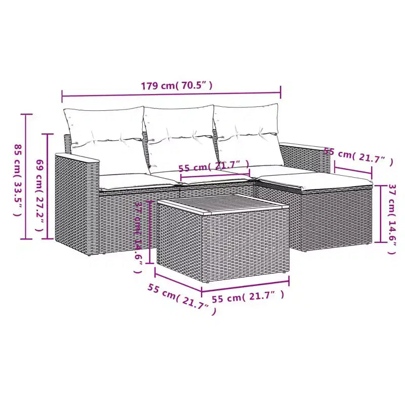 Set di divani da giardino vidaXL da 4 pezzi con cuscini, polyrattan grigio, grigio e blu, senza tavolo