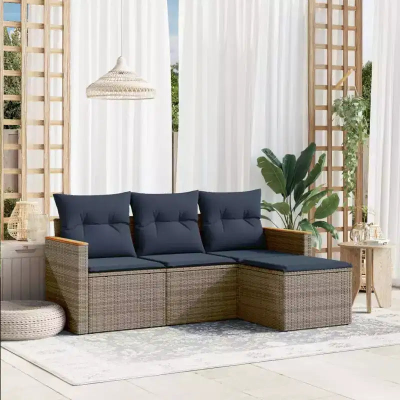 Set di divani da giardino vidaXL da 4 pezzi con cuscini, polyrattan grigio, grigio e blu, senza tavolo
