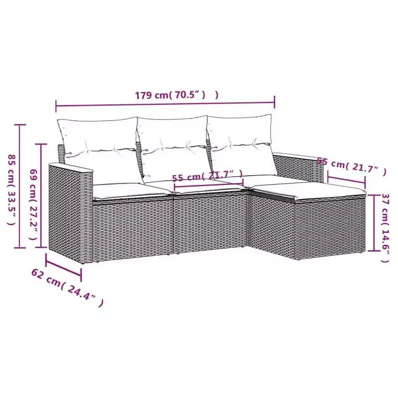 Set di divani da giardino vidaXL da 4 pezzi con cuscini, polyrattan grigio, grigio e blu, senza tavolo