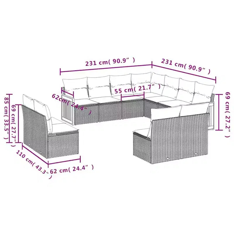 vidaXL Terrassensofaset, schwarz, aus PE-Rattan, groß, mit verstellbaren Füßen