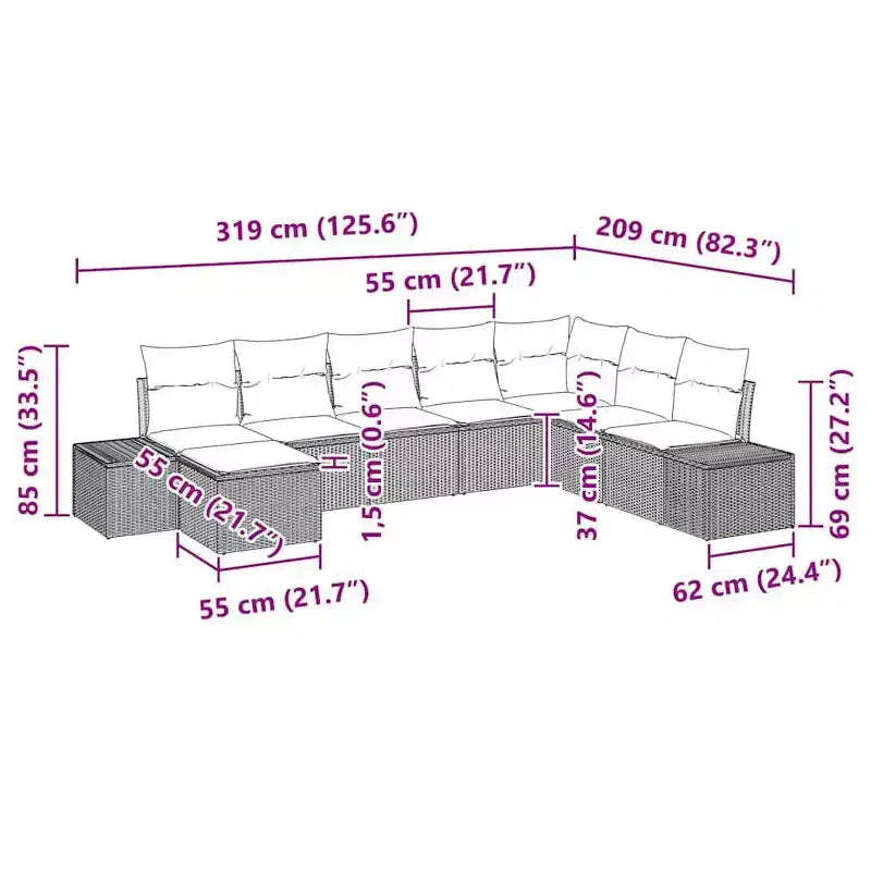 Set di divani da giardino vidaXL con cuscini, 8 pezzi, polirattan marrone