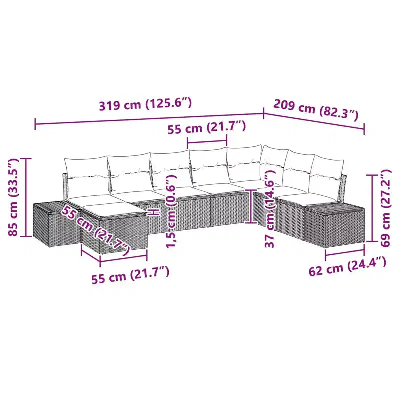 Set di divani da giardino vidaXL con cuscini, 8 pezzi, polirattan marrone