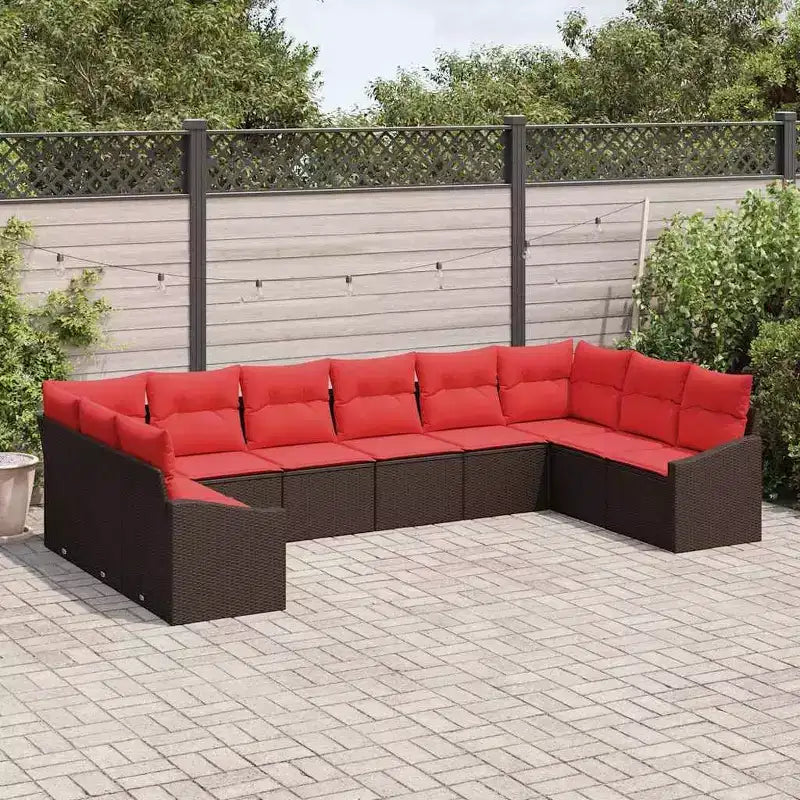vidaXL Gartensofaset mit Kissen, 10-teilig, braunes Poly-Rattan