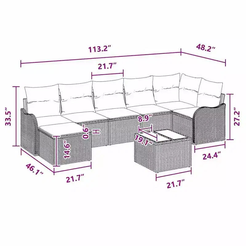 vidaXL Gartensofa-Set mit Kissen, 7-teilig, Poly-Rattan
