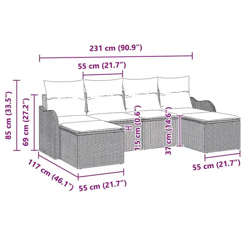 vidaXL Gartensofa-Set mit Kissen 6-teilig Braun Poly-Rattan