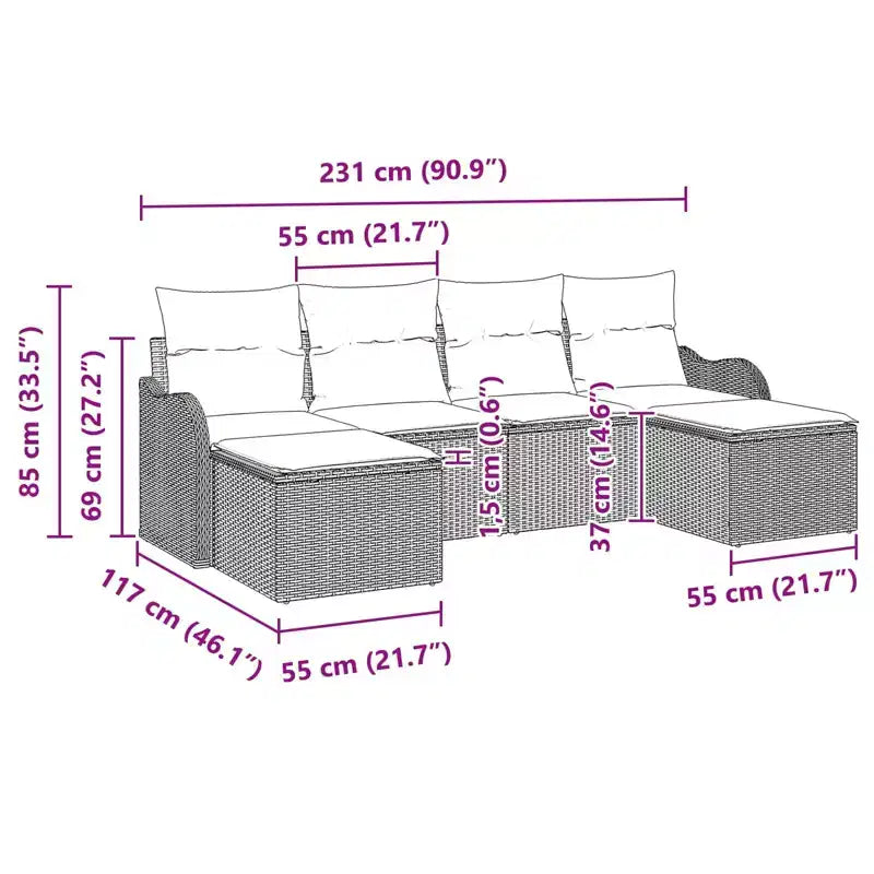 vidaXL Gartensofa-Set mit Kissen 6-teilig Braun Poly-Rattan
