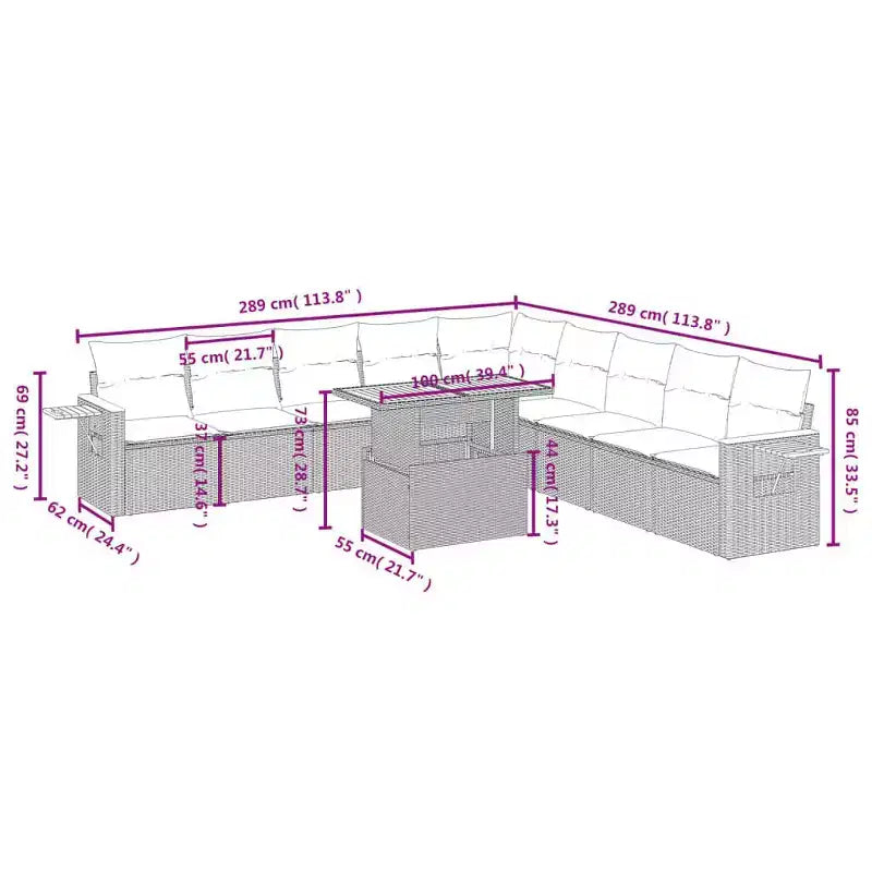 vidaXL 11-teiliges Gartensofa-Set mit Kissen, Poly-Rattan